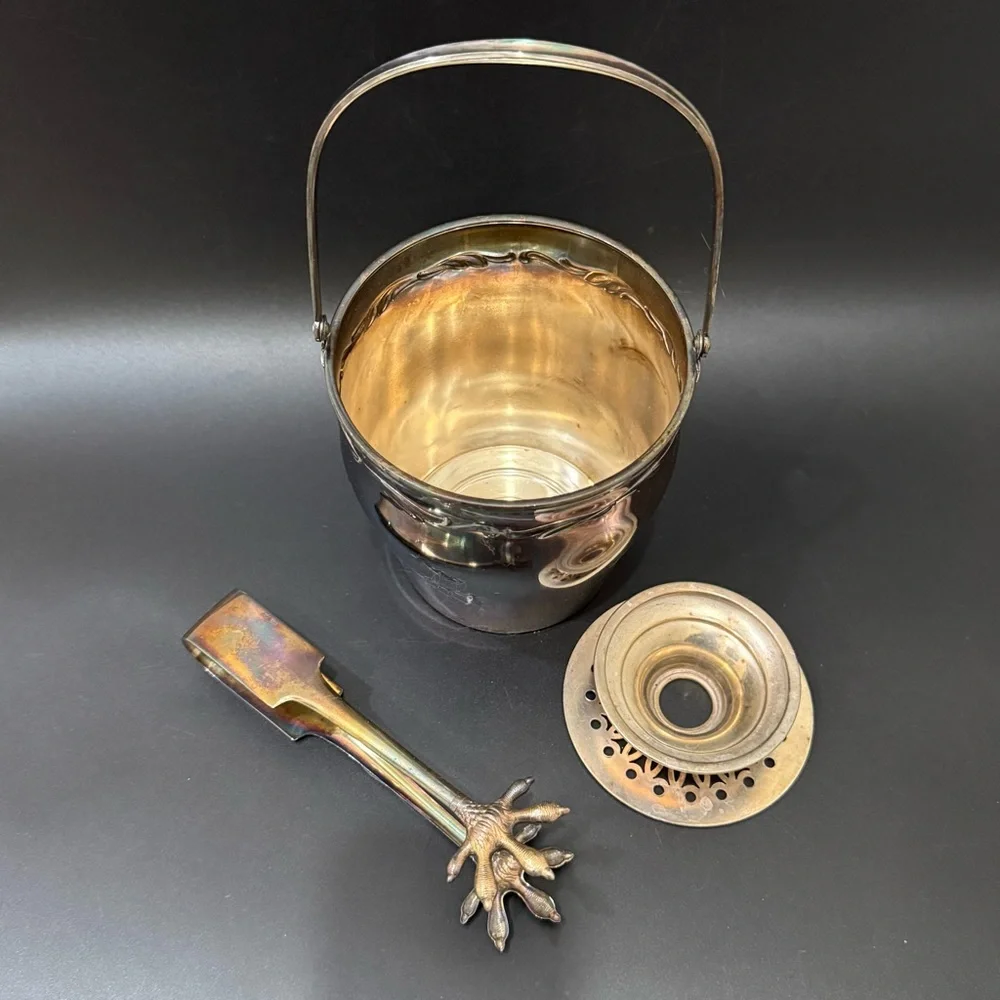 Vintage WMF Silver-plate Ice Bucket with Strainer Insert & Bird Claw Foot Tongs